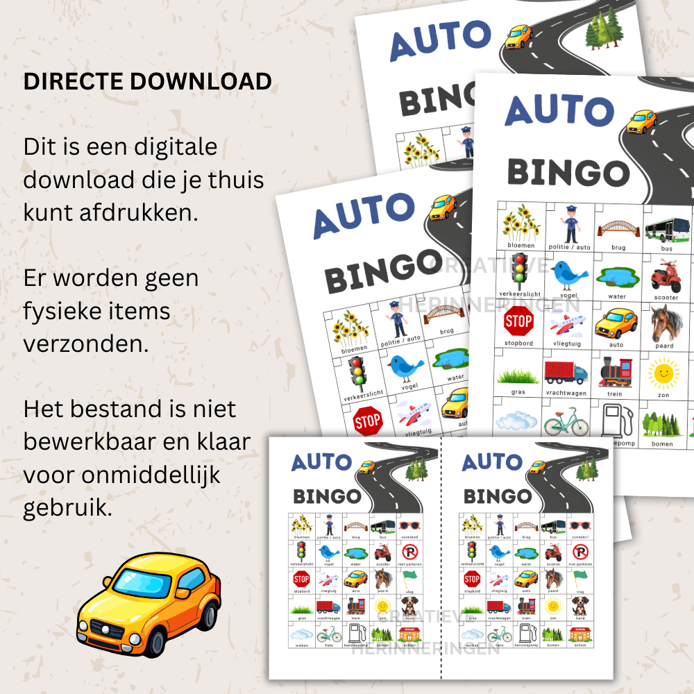 Auto spelletje voor de achterbank waarmee kinderen onderweg kunnen speuren, roepen en samen spelen met een bingo kaart.