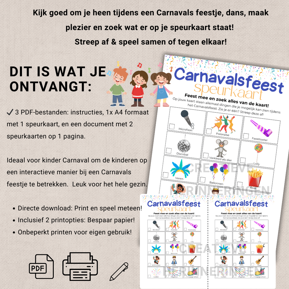 Feestelijke speurkaart om thuis of op school Carnavals feest te gebruiken