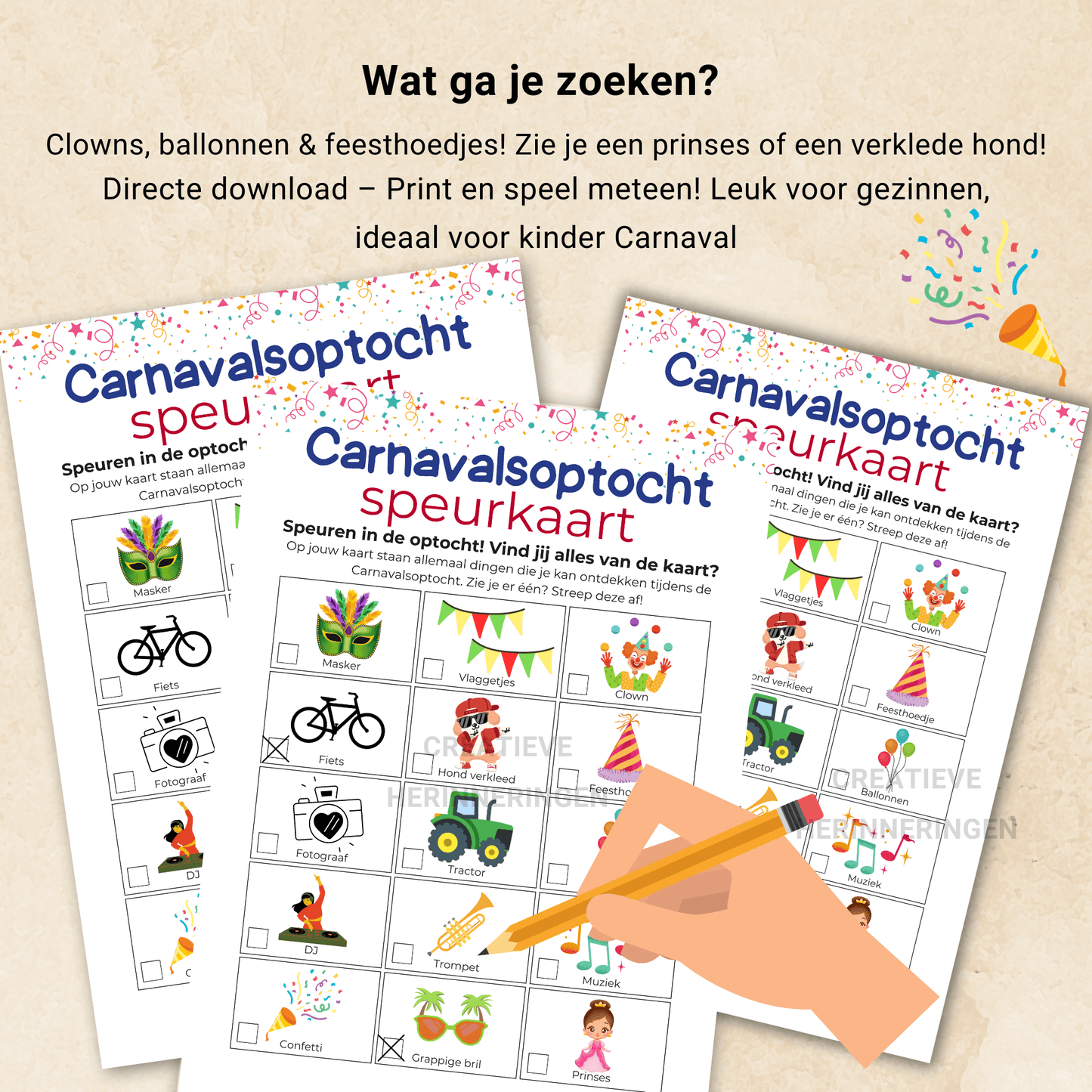 Speel een zoekspelletje met het gezin tijdens de Carnavals optocht door deze speurkaart.