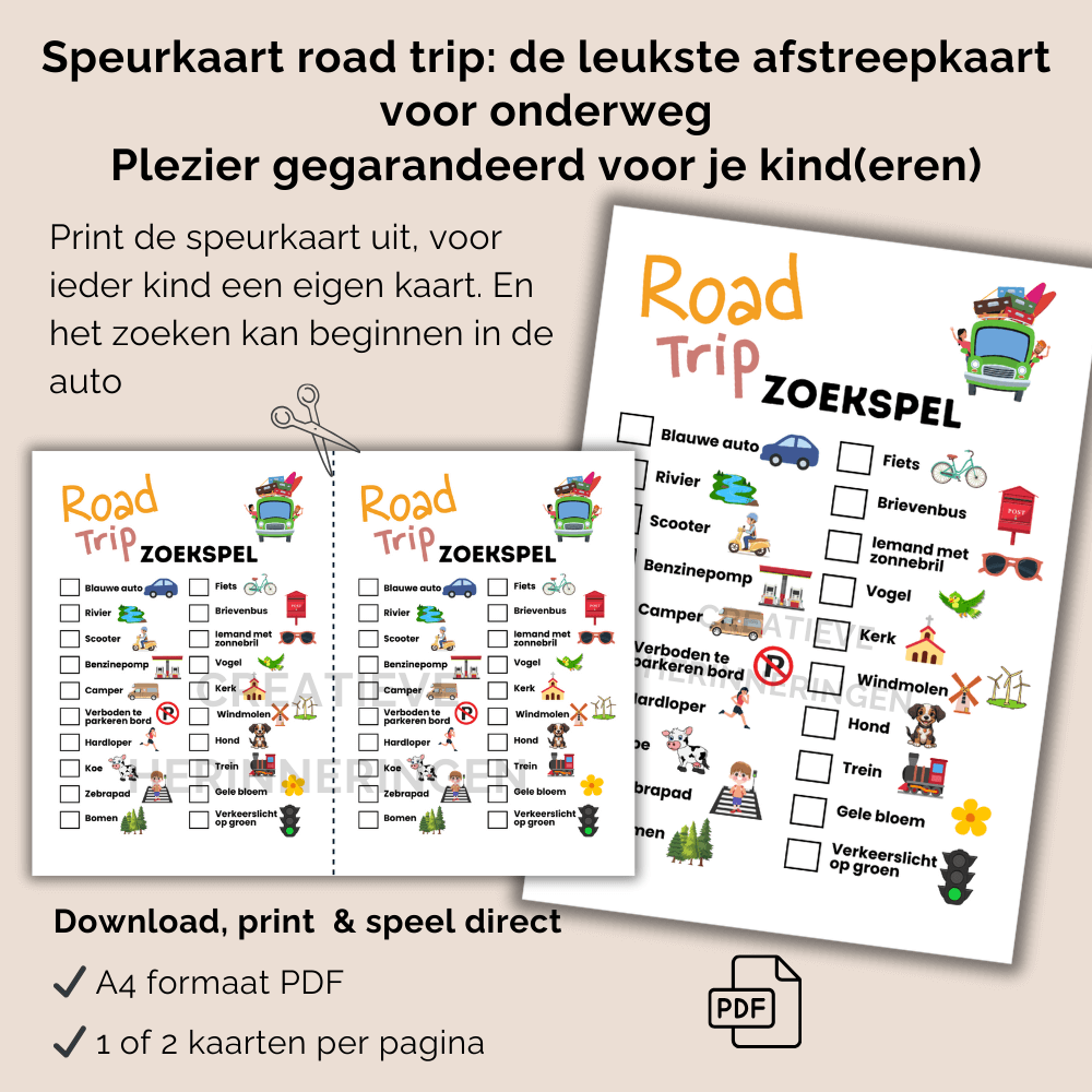 Afstreepkaart voor kinderen om onderweg actief te zoeken tijdens de road trip