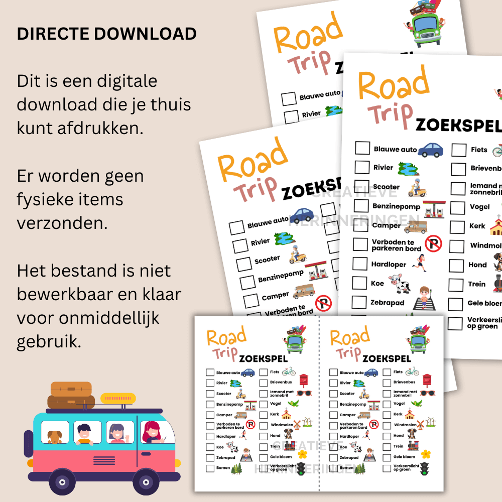 Speurkaart vakantie road trip – vrolijk zoeken naar de afbeeldingen van je kaart onderweg op reis