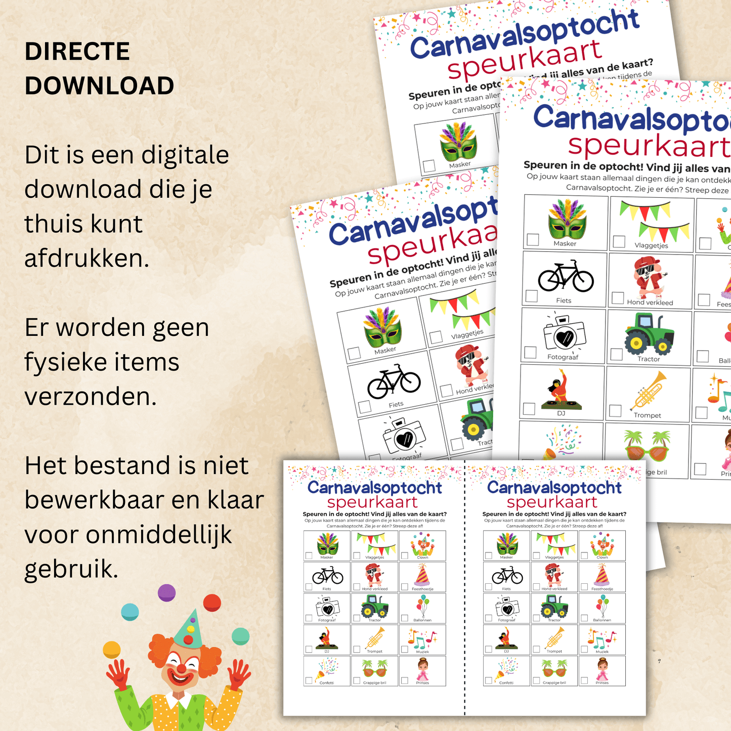 Download en print de speurkaart voor een leuke Carnavals activiteit tijdens de Carnavalsoptocht.