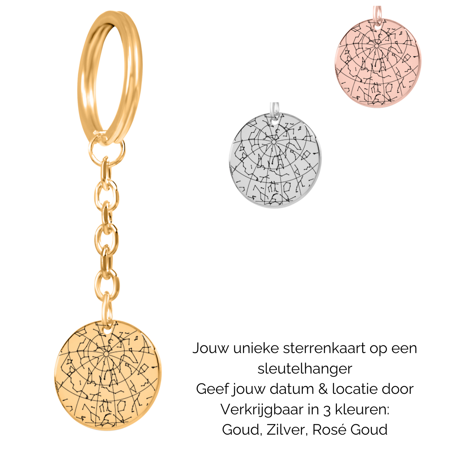 Gepersonaliseerde sleutelhanger met sterrenkaart van sterrenstand op datum en locatie