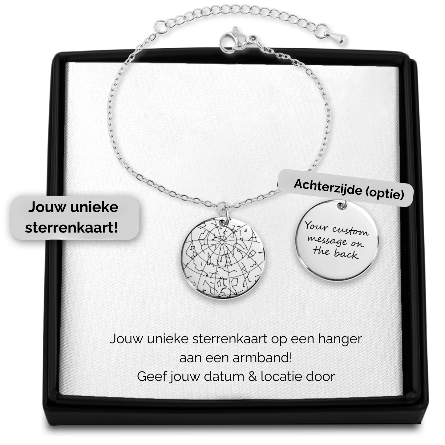 Gepersonaliseerde armband met sterrenkaart van stand sterren datum en locatie
