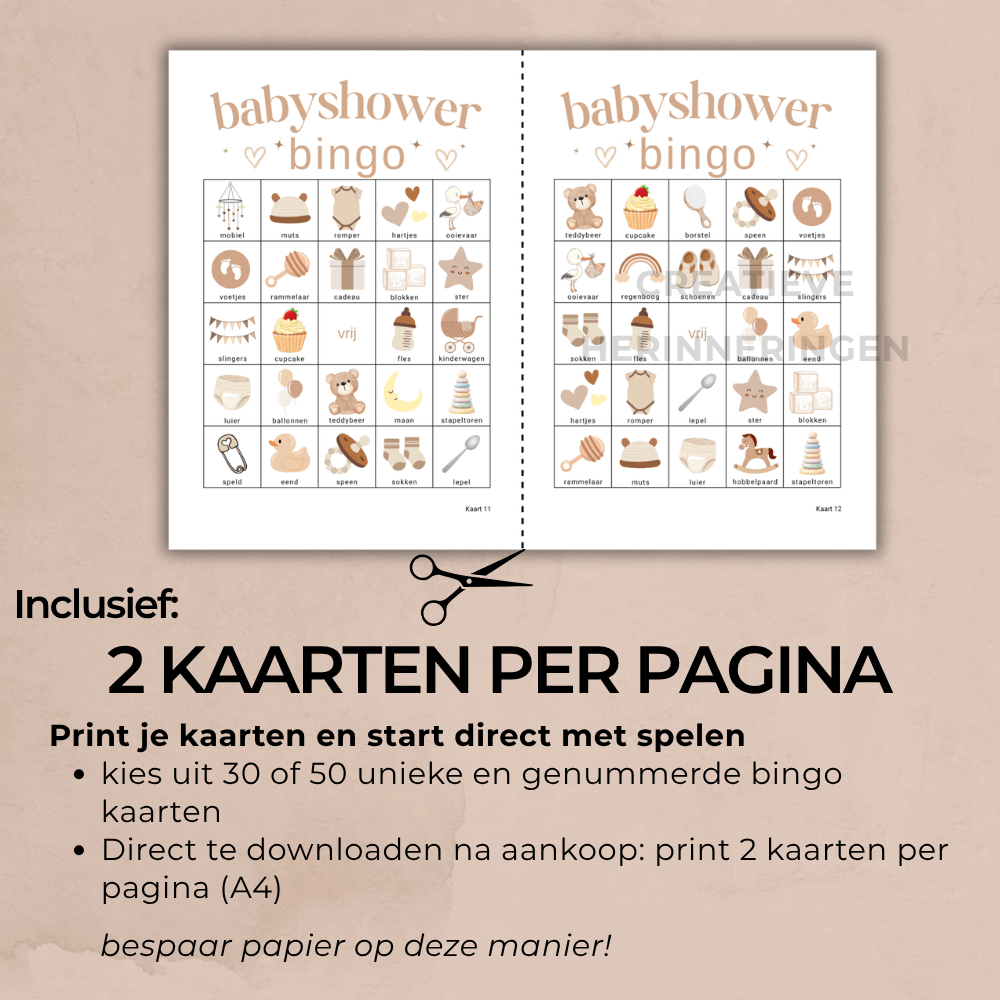 Rustige en elegante babyshower bingo voor een sfeervolle babyshower in beige kleur
