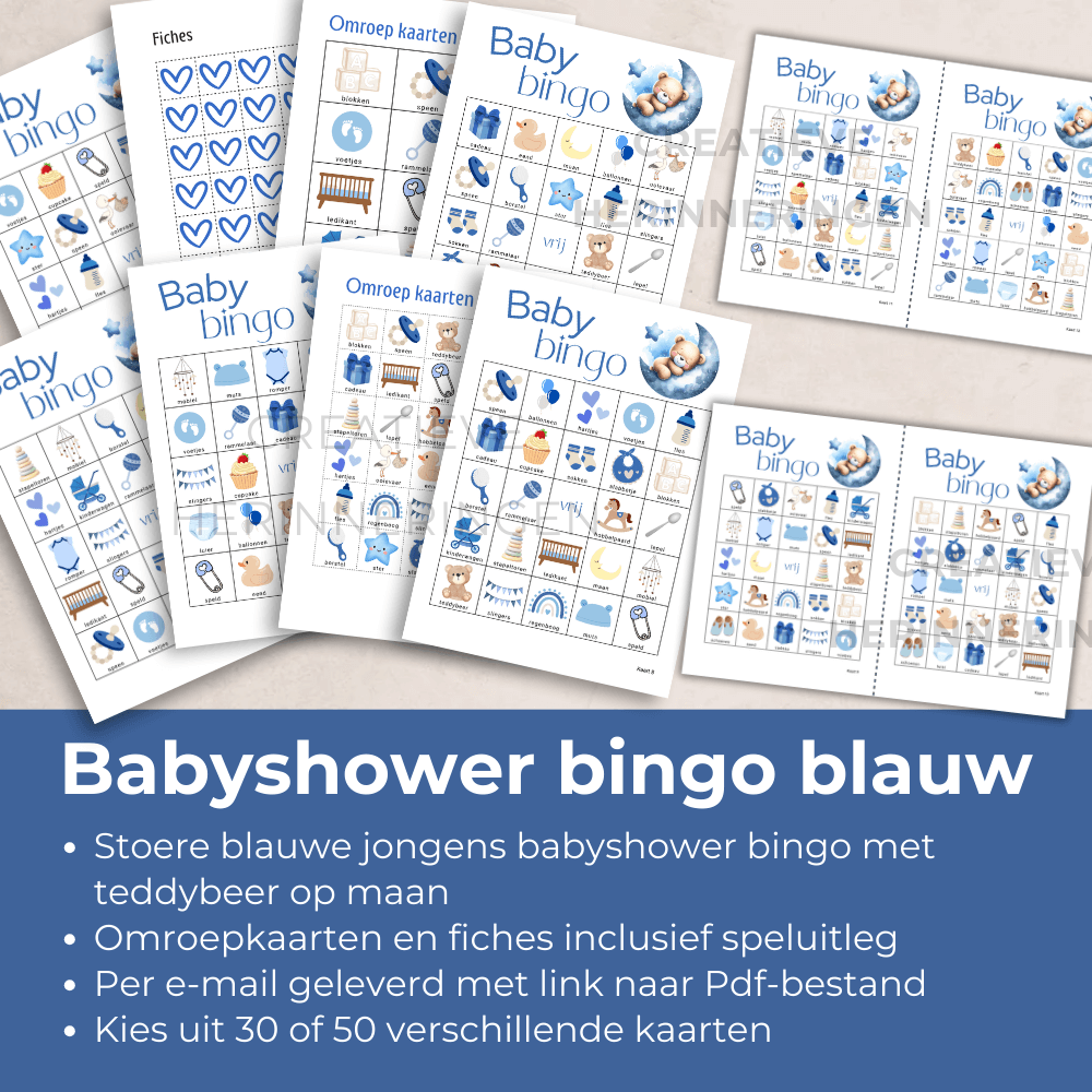 Blauw babyshower spel jongen met teddybeer en maan, perfect voor familiefeest en vriendinnen, speel dit bingo spel
