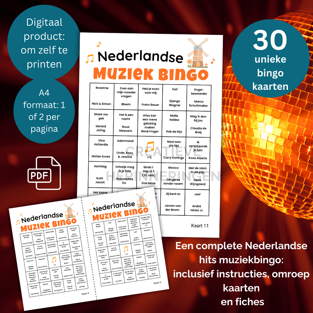 Voorbeeld van een muziekbingo kaart uit het muziekspel met titels van bekende Nederlandstalige muziek