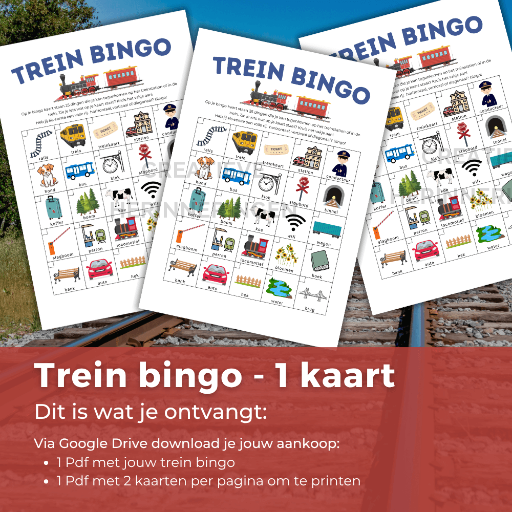 Te downloaden en te printen trein bingo spel dat je makkelijk meeneemt op reis