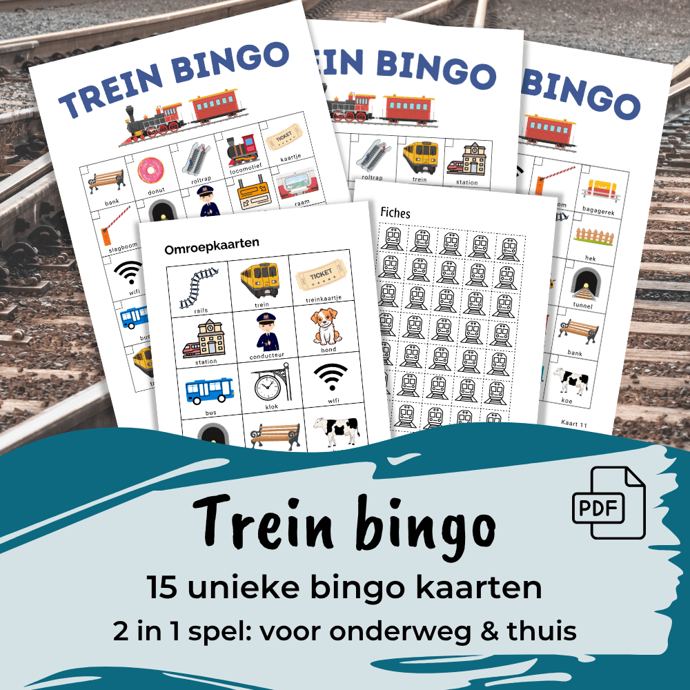 Kinderspelletje met trein bingo kaarten om af te strepen en thuis te spelen
