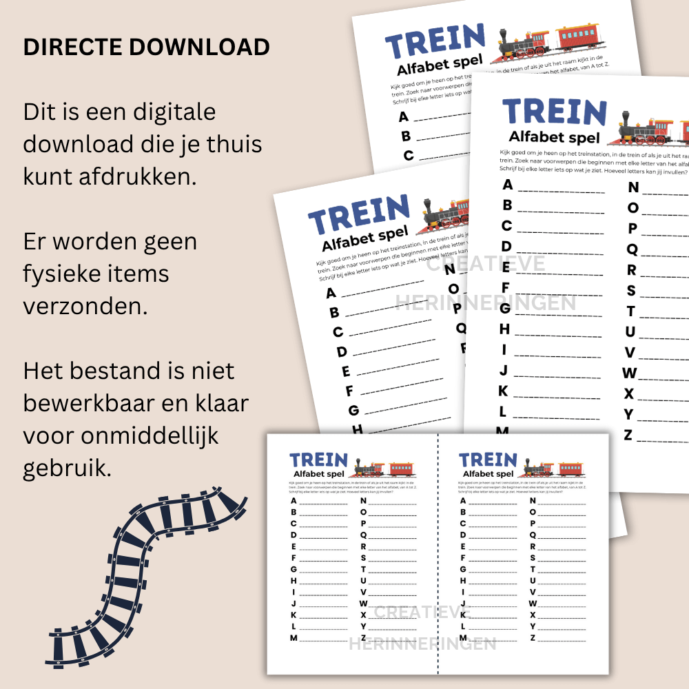 Trein alfabet spel met letters om onderweg in de trein te spelen