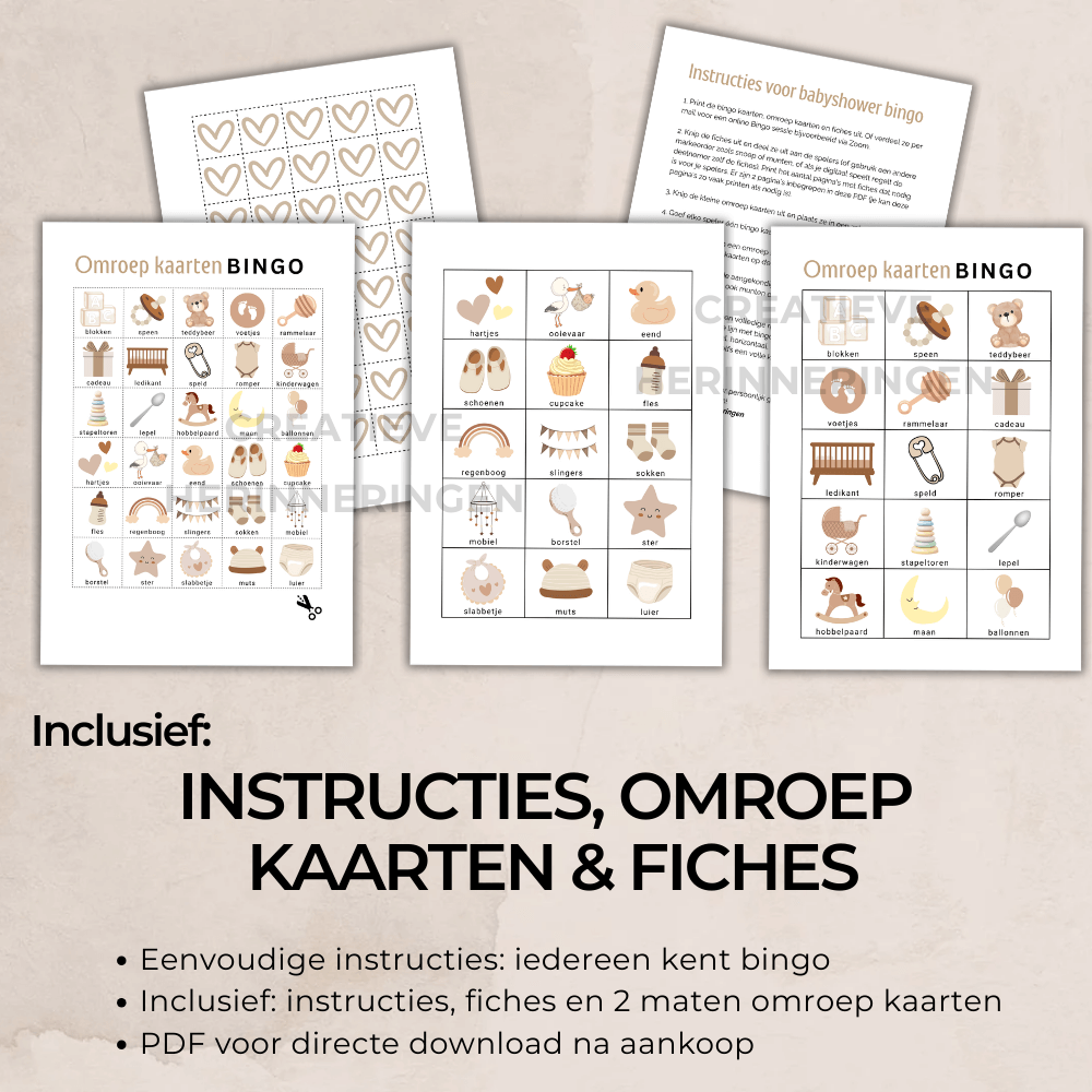 Babyshower bingo in beige met teddybeer, maan en ster, printbare versie pdf