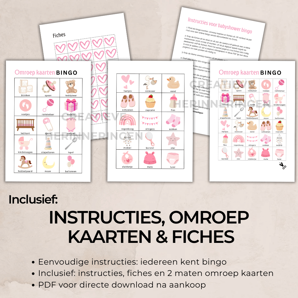 Printbare babyshower bingo in roze teddybeer thema, PDF met kaarten, omroepkaarten en fiches
