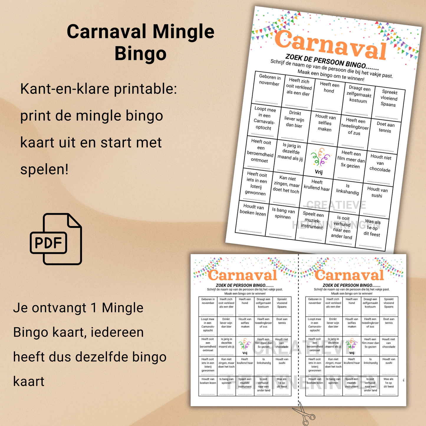 Uniek Carnavals spelletje om mensen beter te leren kennen, speel mingle bingo