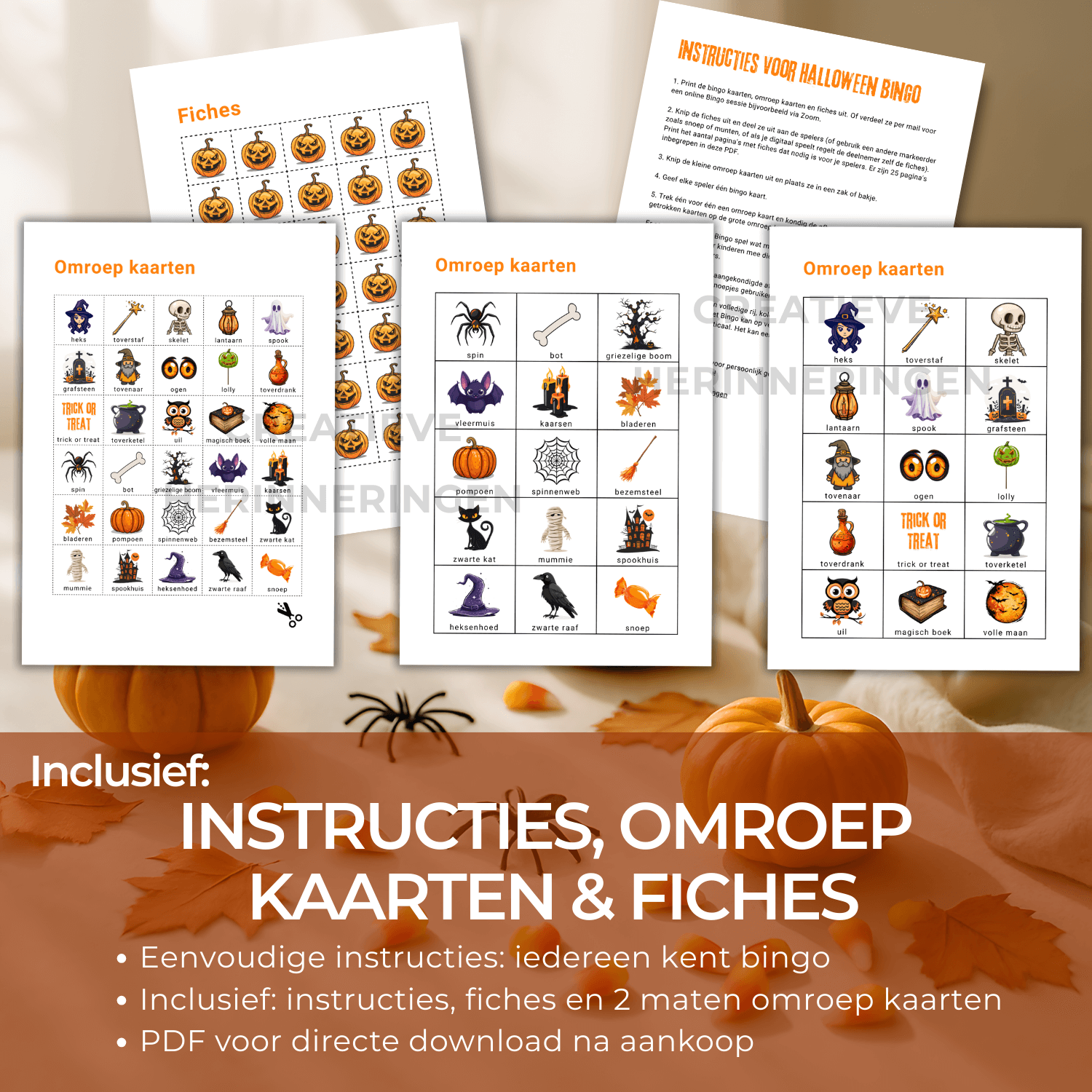 Halloween bingo om te printen, met instructies, omroepkaarten en fiches (PDF)