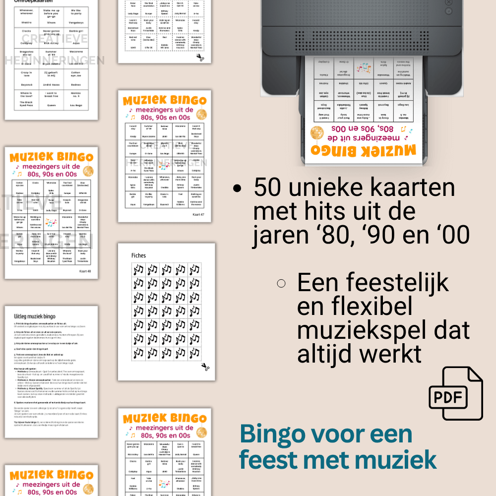 Te downloaden muziekfeest bingo kaarten om zelf thuis te printen en te gebruiken tijdens spelletjesavonden of feestjes, tot 50 spelers.