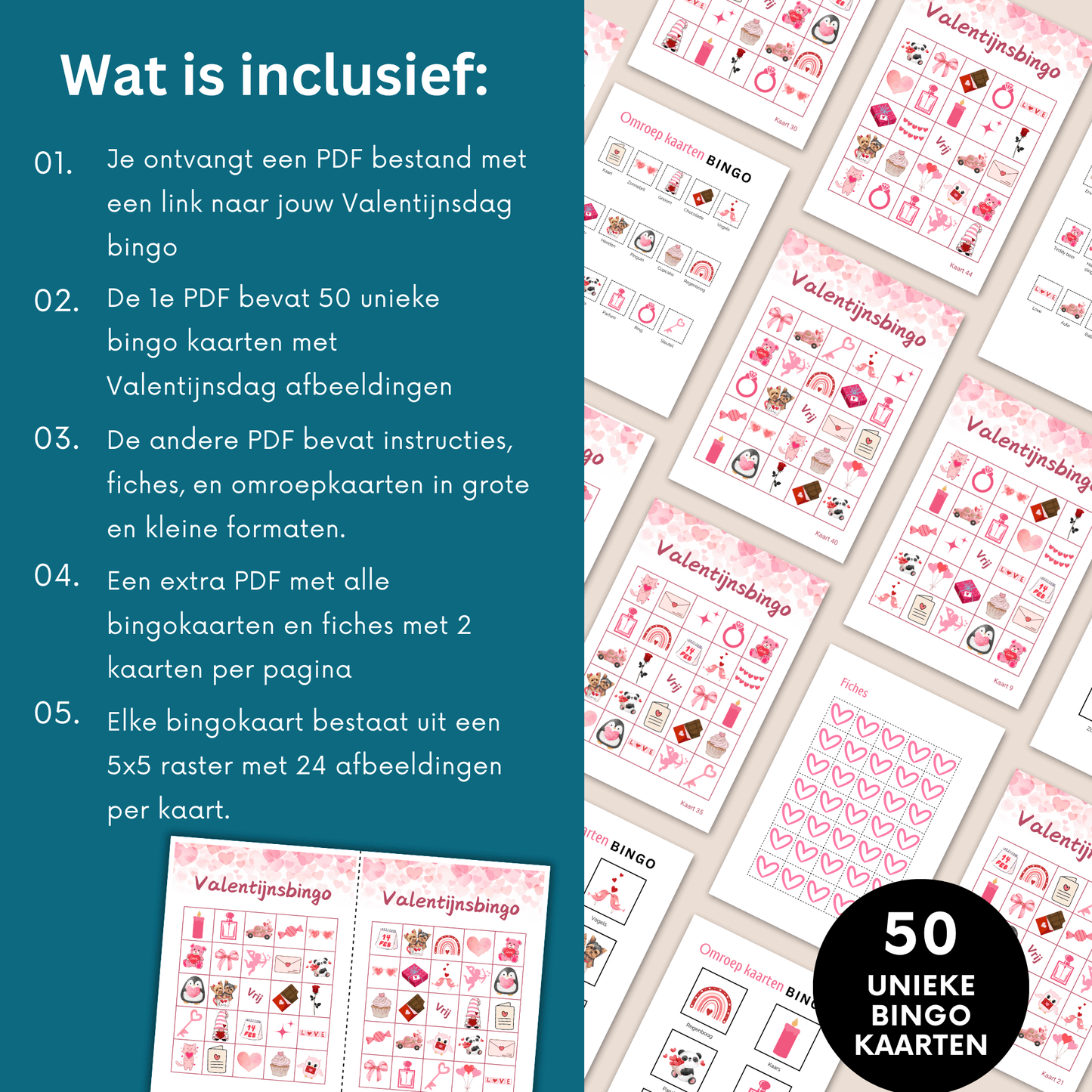 Organiseer liefdevolle Valentijn activiteiten voor ouderen, (klein)kinderen, met deze 50 printbare bingo PDF