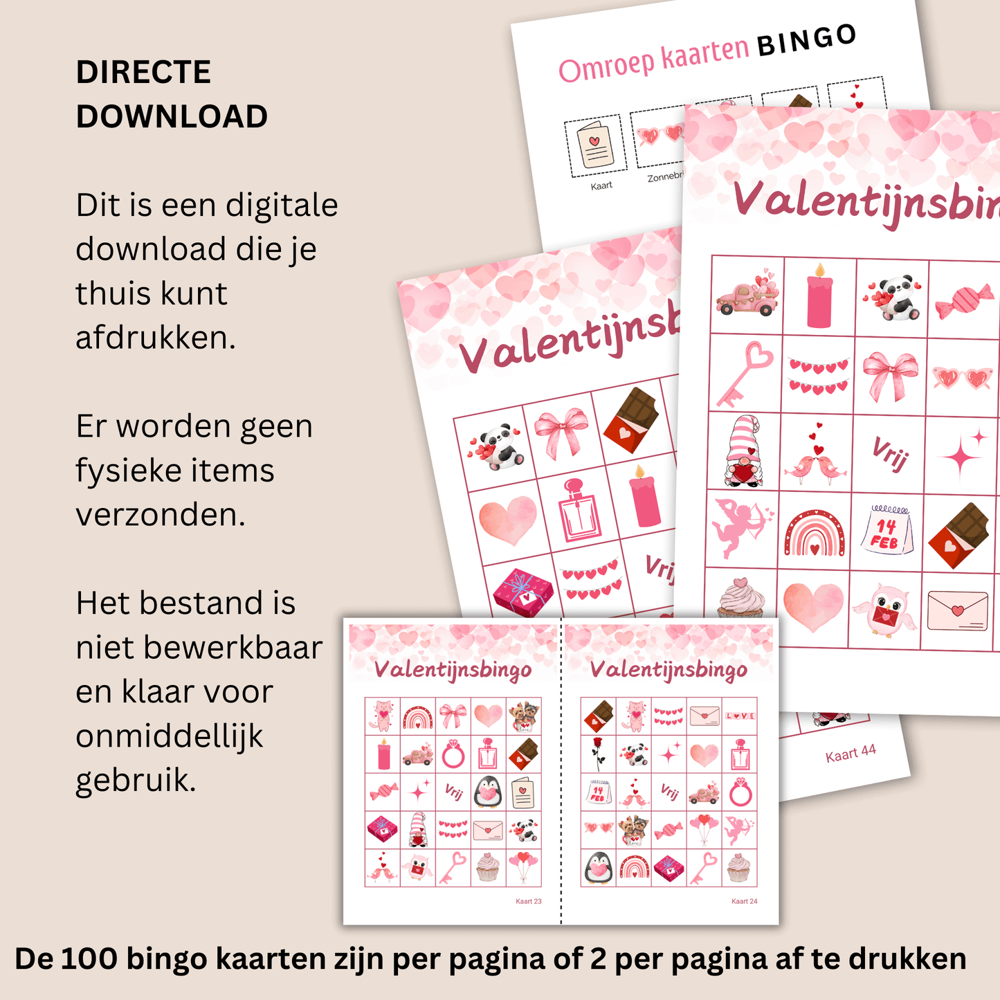 Bingo voor Valentijns activiteiten: PDF met 100 verschillende Valentijnsbingo kaarten