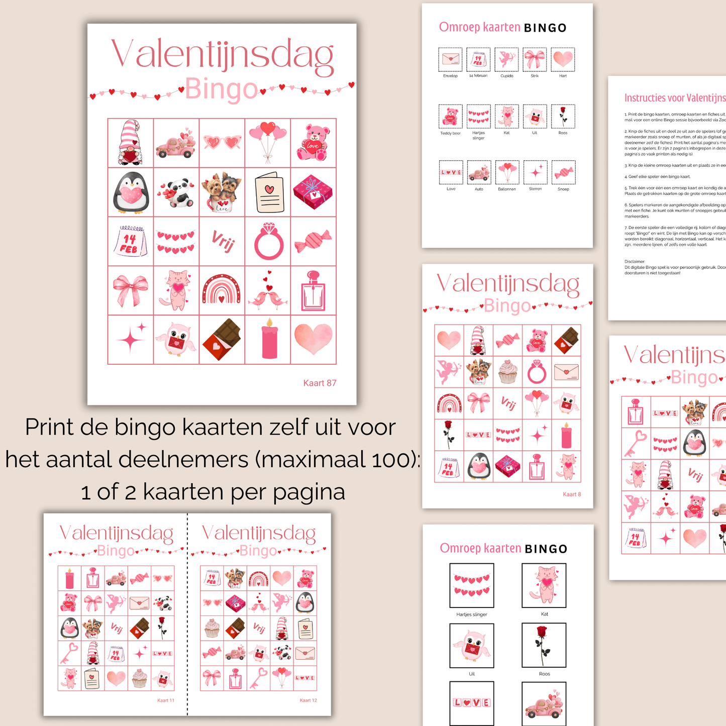 Valentijns spel: digitale bingo PDF met liefdevolle Valentijns plaatjes