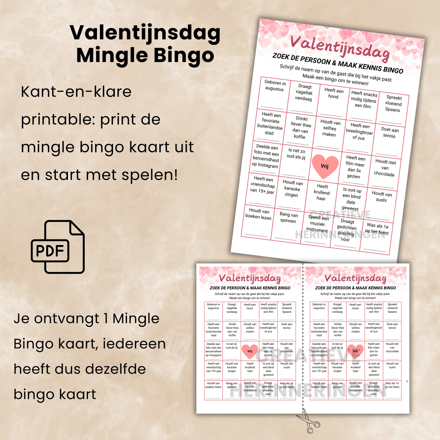 PDF met Valentijns spel mingle bingo kaarten, eenvoudig te printen als PDF