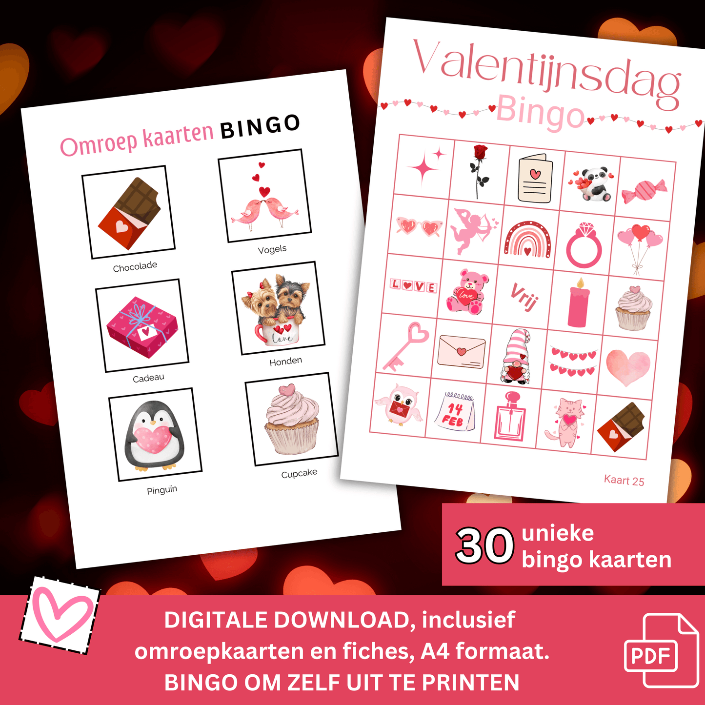 Valentijnsbingo met 30 unieke kaarten als PDF te downloaden
