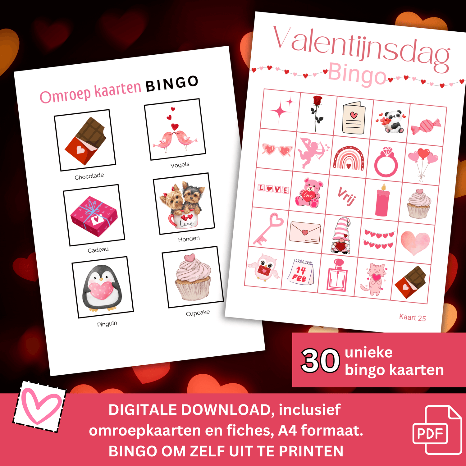 Valentijnsbingo met 30 unieke kaarten als PDF te downloaden