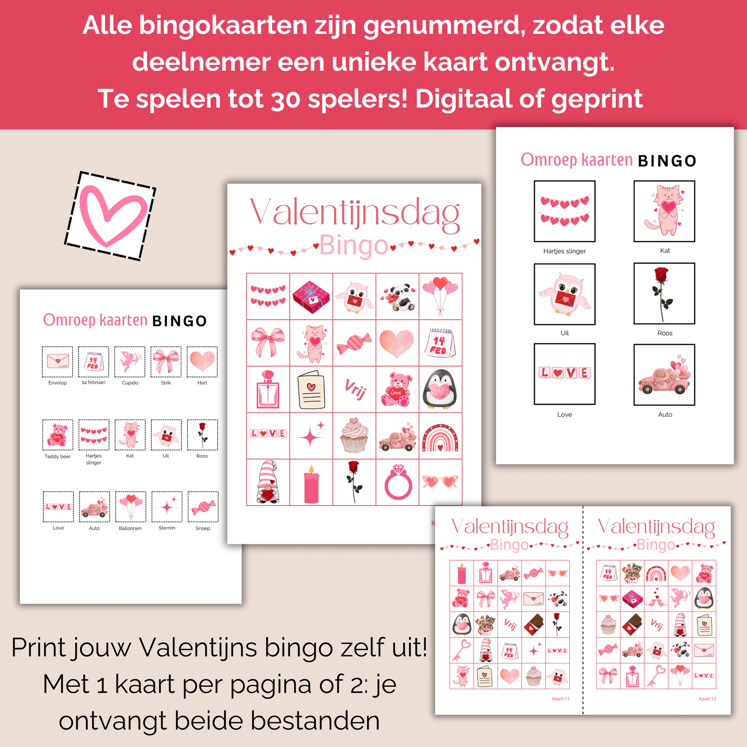 Valentijnsbingo printbare kaarten voor kinderen en gezinnen