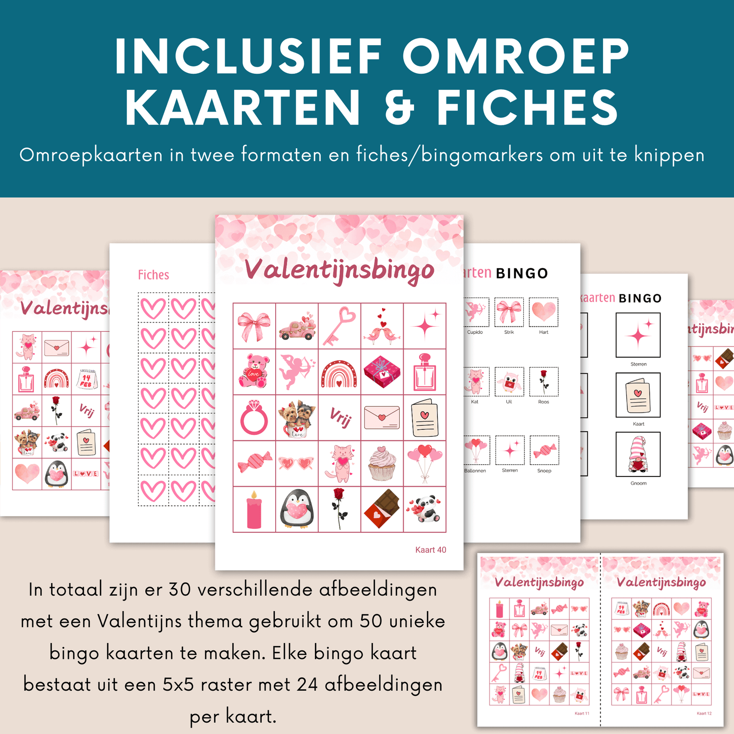 Digitale Valentijnsbingo: Printbaar spel voor ouderen, kinderen, gezinnen met 50 unieke kaarten