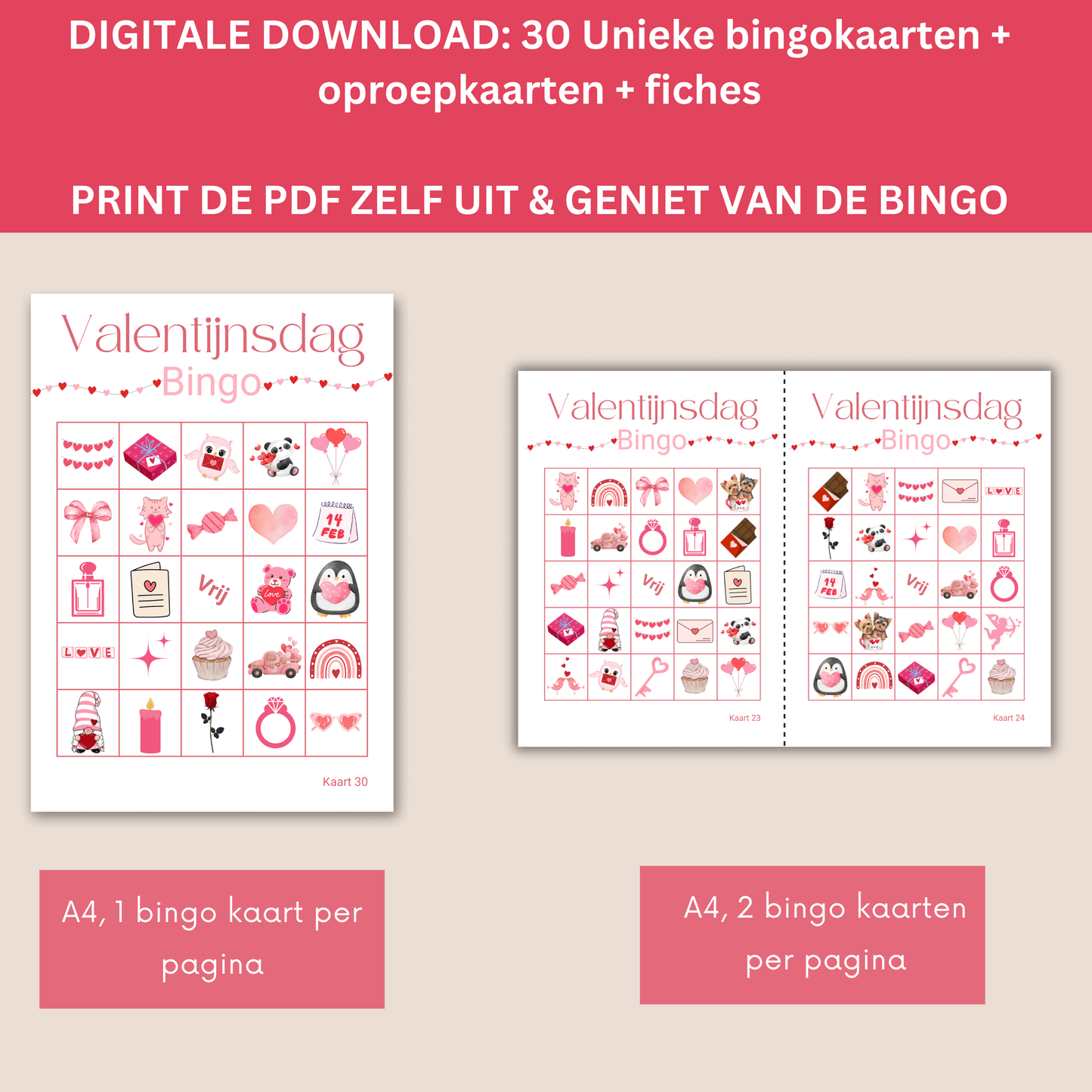 Valentijnsbingo voor maximaal 30 spelers, eenvoudig te printen