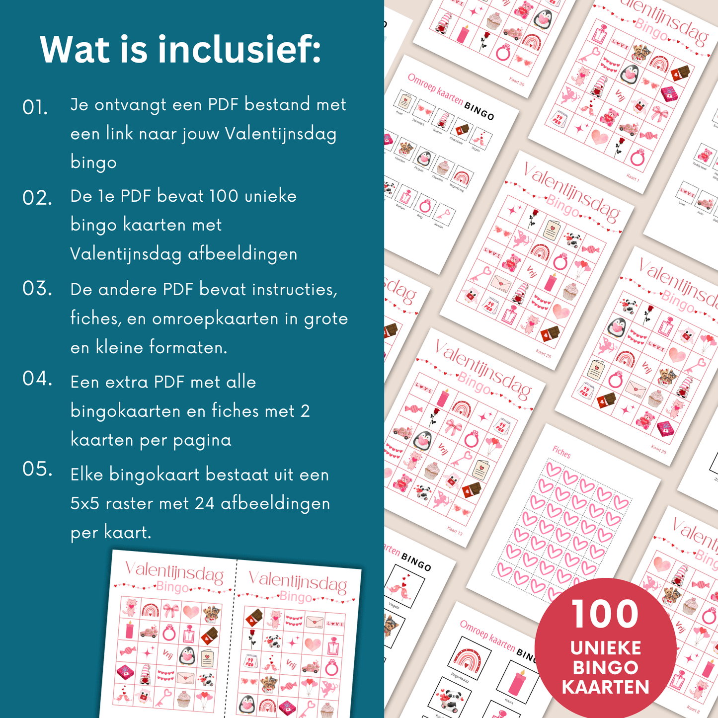 Valentijnsdag bingo met geweldige afbeeldingen en 100 bingo kaarten