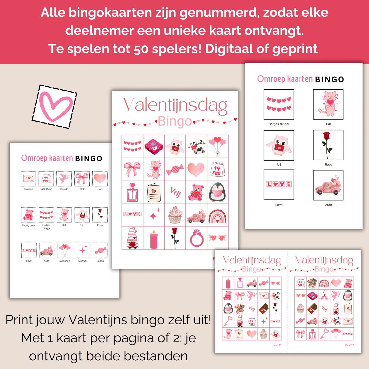 Valentijnsdag kinderen: Printbare bingo met kleurrijke plaatjes