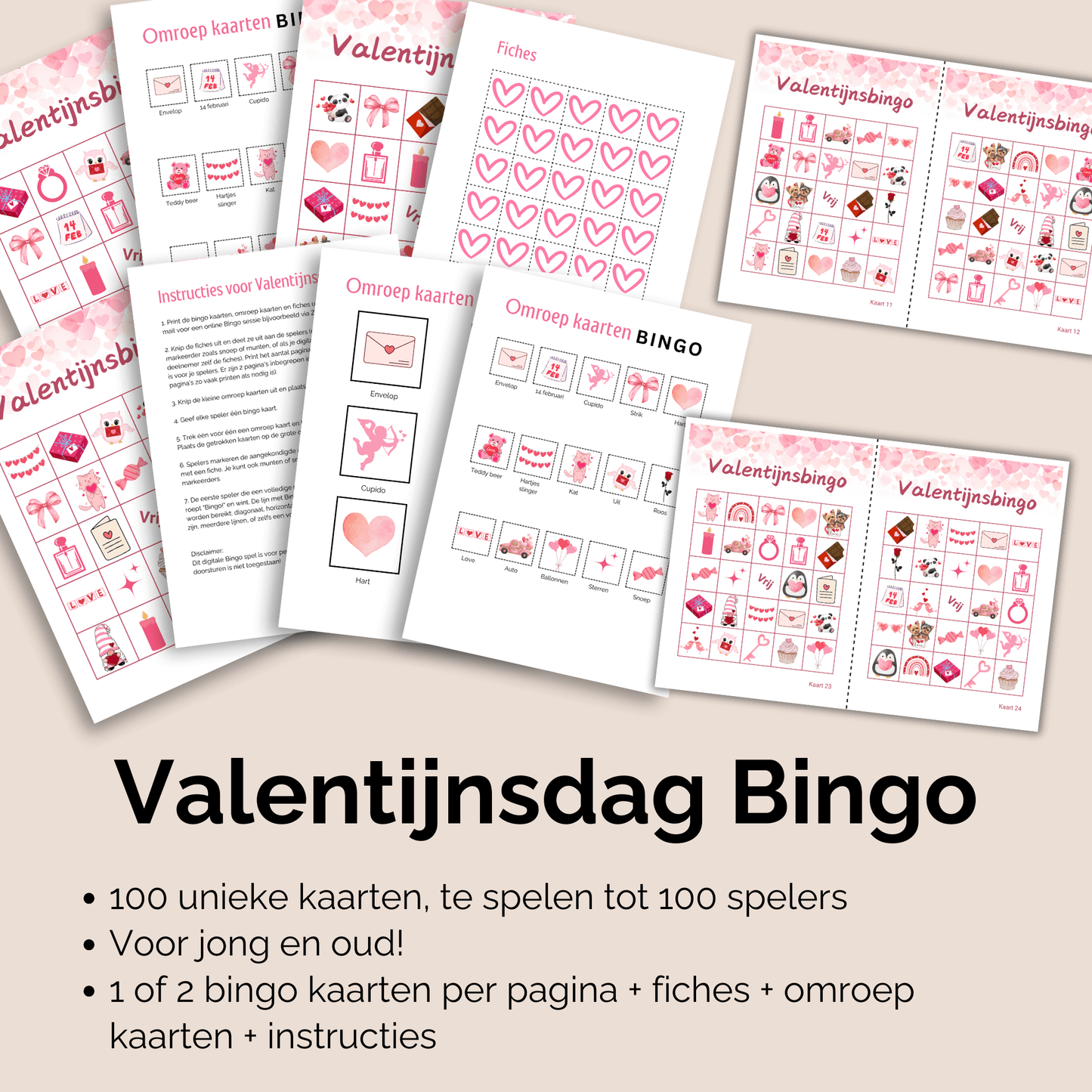 Valentijnsdag activiteiten: Bingo met 100 kaarten om te printen of digitaal te spelen
