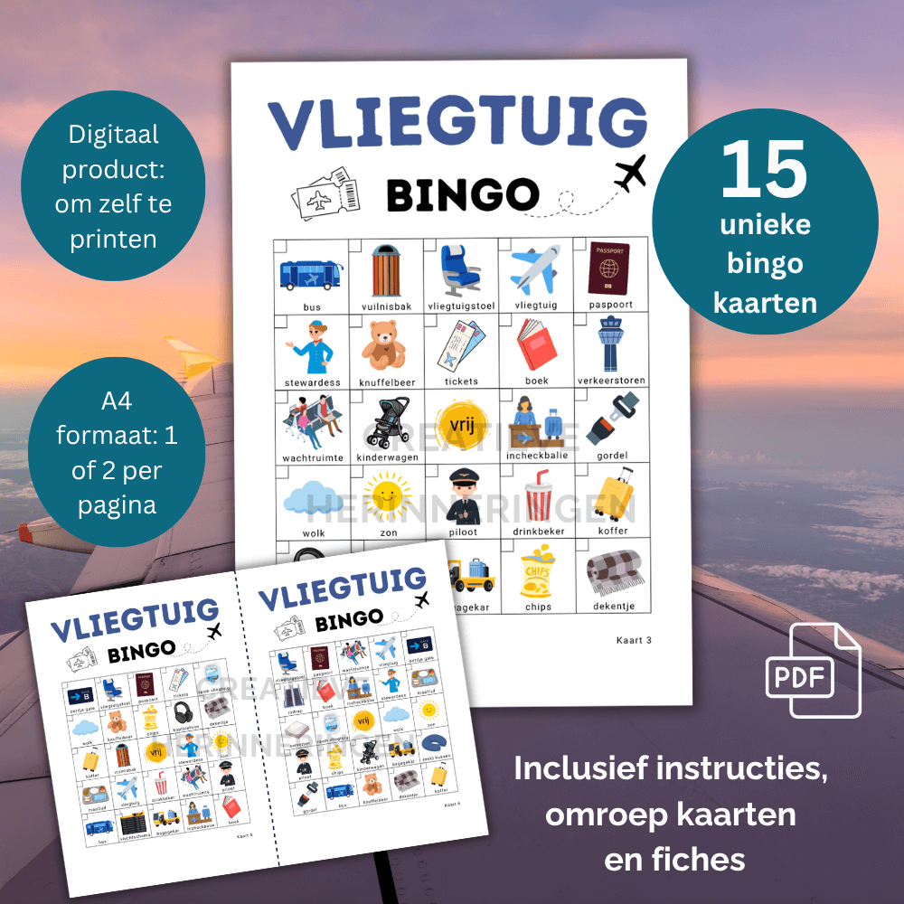 Bingo spel vliegtuig met 15 unieke kaarten om af te kruisen