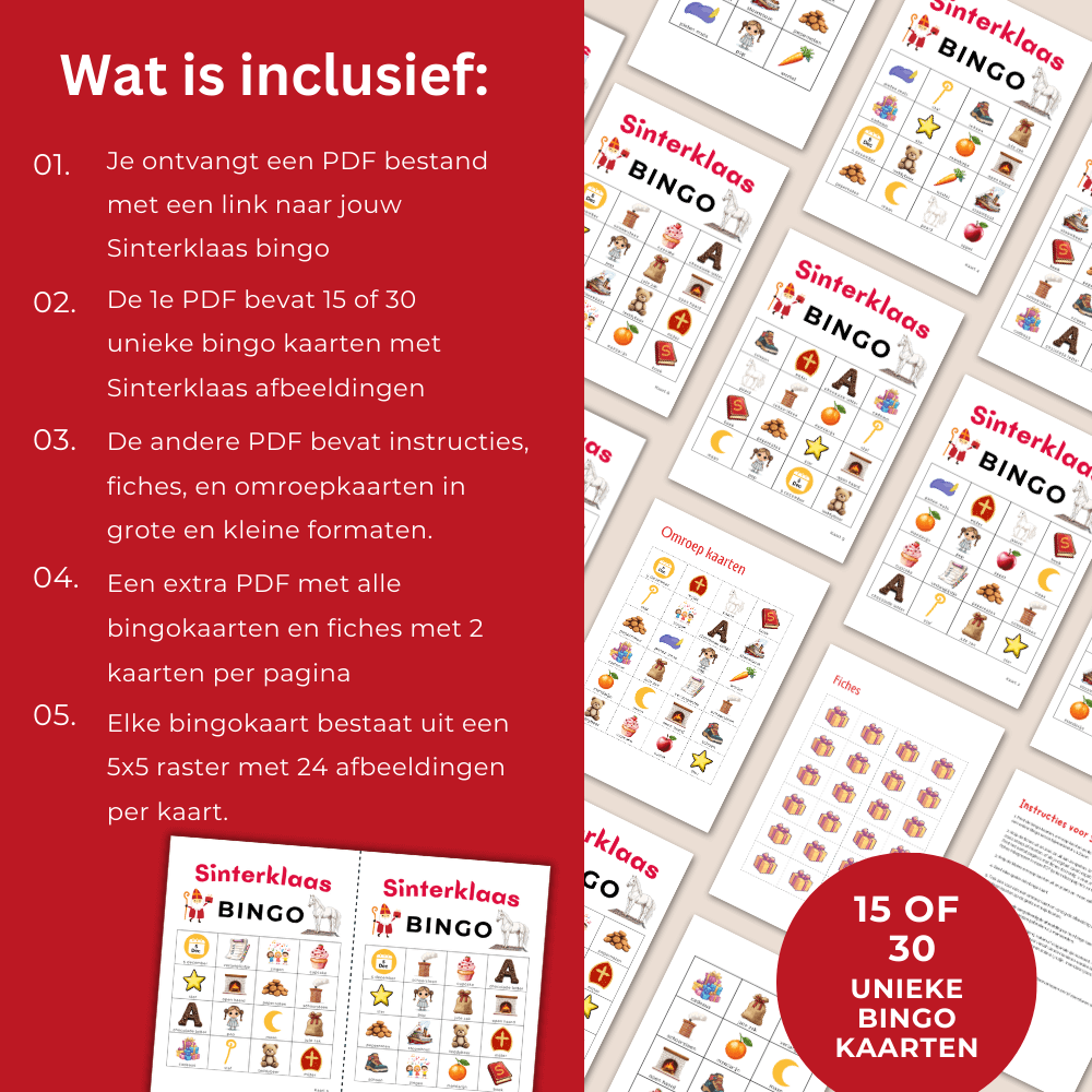 Sint bingo kaarten voor kinderen: keuze uit 15 of 30 kaarten