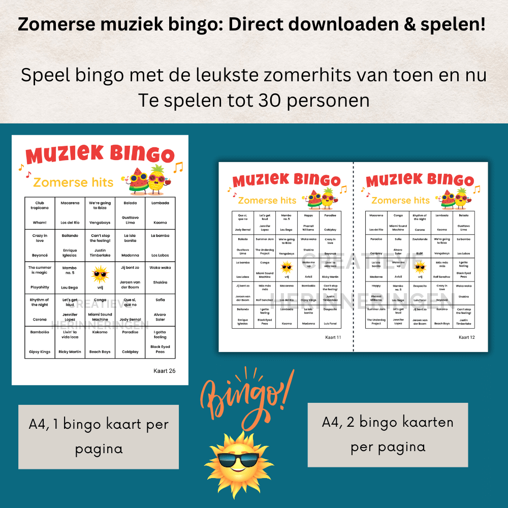 Zomerse muziekbingo set met 30 unieke bingo kaarten, fiches en omroepkaarten en muzieklijst