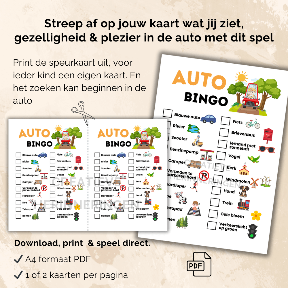 Spelletje onderweg als afstreepspel op één pagina, klaar om geprint en direct gebruikt te worden tijdens autoritjes