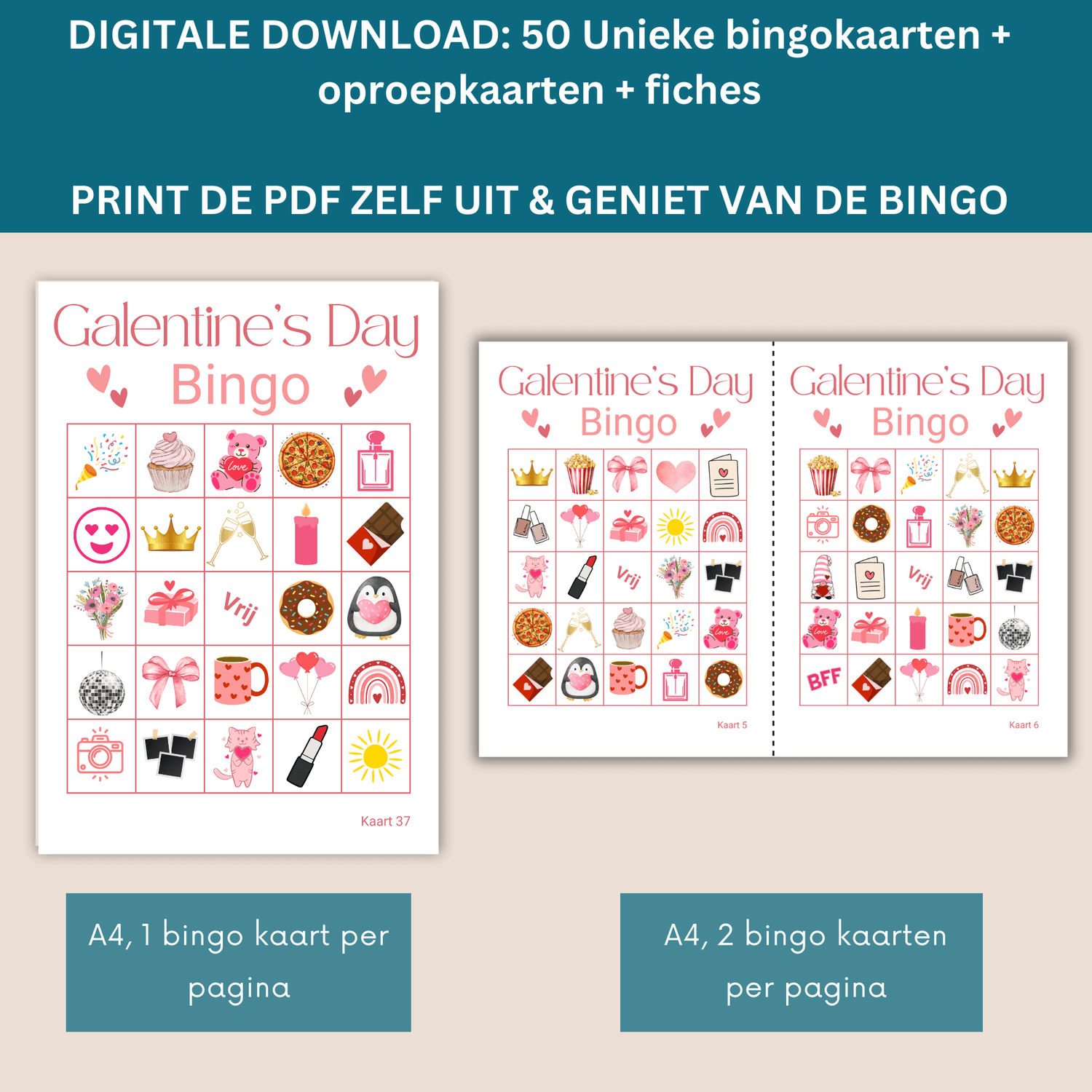 Maak Galentine bijzonder met deze uit te printen bingo kaarten, te spelen tot 50 dames