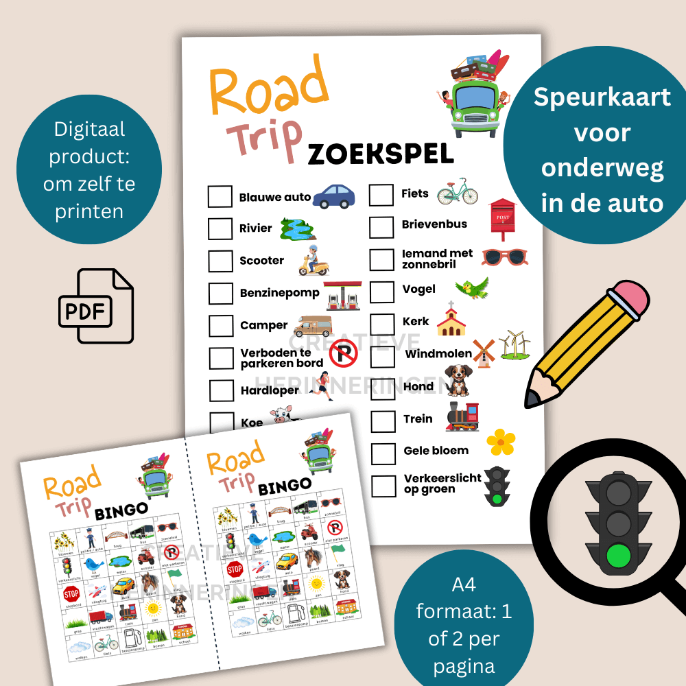 Speurspel auto roadtrip samen met kinderen om onderweg te speuren en af te strepen van de kaart