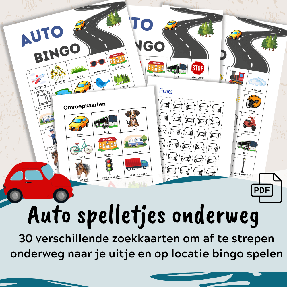 Auto spelletjes voor onderweg en bingo op locatie, met 30 unieke kaarten