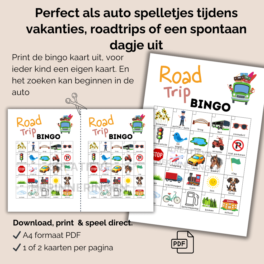 Roadtrip bingo kaart om onderweg te zoeken naar de afbeeldingen van je bingokaart en af te strepen als je iets ziet