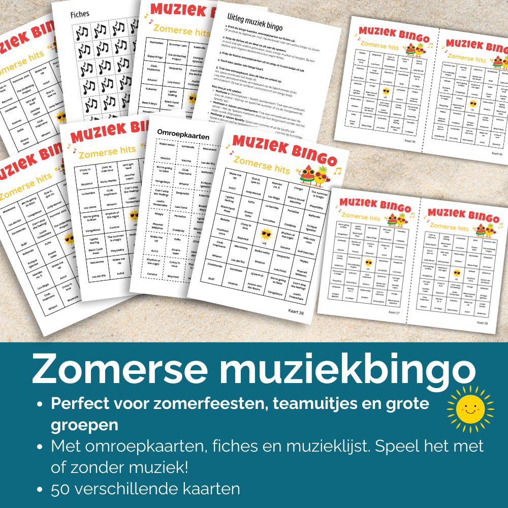 Muziekbingo met zomerhits en omroepkaarten voor je zomerfeest, 50 unieke kaarten
