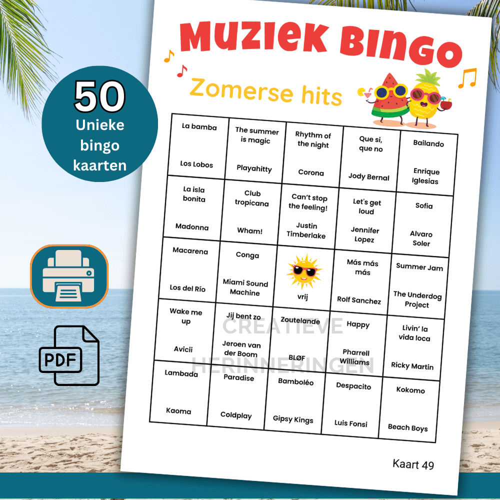 Muziekspel voor zomerfeest met 50 bingo kaarten in PDF