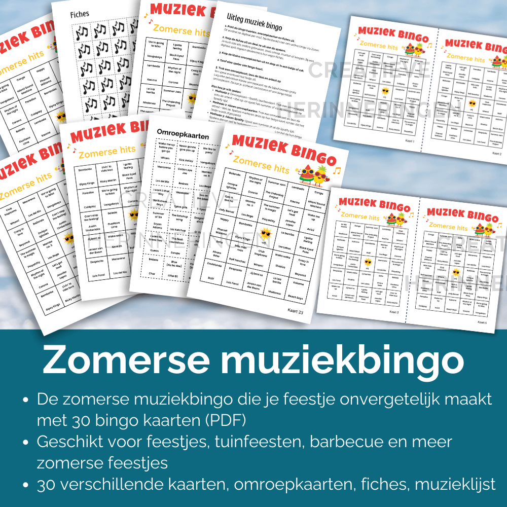 Zomer muziekspel met bekende zomerhits: speel zomerse muziekbingo met 30 kaarten