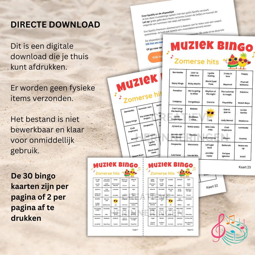 Compleet digitaal muziekspel met zomerhits en 30 uit te printen bingo kaarten