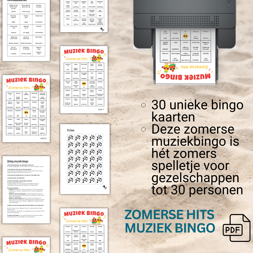 Uit te printen zomerhits muziekbingo als zomerse activiteit voor vrienden en feestjes, 30 kaarten