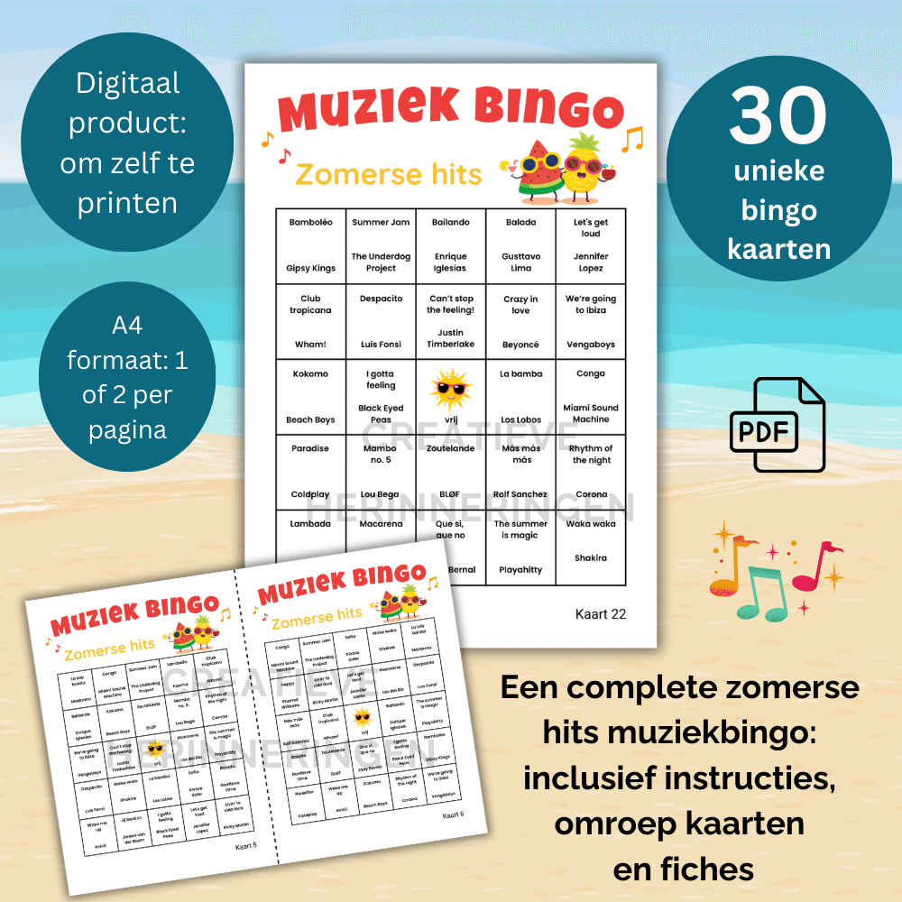 Digitale bingo muziekspel voor BBQ, borrel of tuinfeest, speel zomerse muziekbingo met 30 kaarten