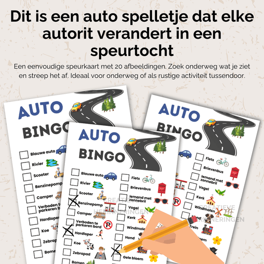 Zoekkaart voor kinderen in de auto met 20 afbeeldingen om onderweg actief te speuren en te vinken