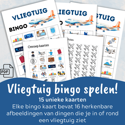 Kinderbingo met vliegtuigen en 15 vrolijke vliegtuig bingo kaarten