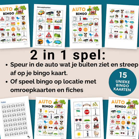 Interactief auto bingo spel voor kinderen, ideaal om met meerdere spelers tegelijk te gebruiken tijdens autoritten of thuis