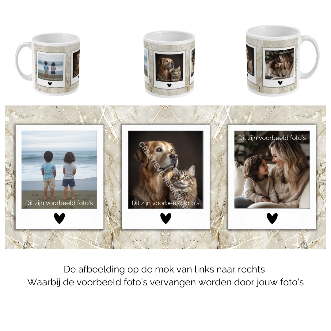 3 Foto’s op mok met hartjes in polaroid goud beige marmer look