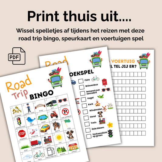 Road trip bingo, speurkaart en voertuigenspel in één road trip spellen pakket